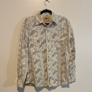 Larry Mahan White Blue and Tan Paisley Pearl Snap Shirt